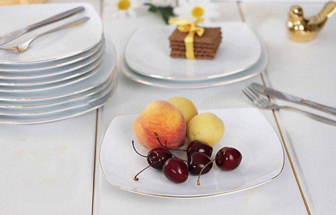 بشقاب تخت میوه خوری مربع چینی لب طلا ۶ عددی
